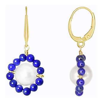 Jewelmak 14k Gold Freshwater Cultured Pearl & Lapis Lazuli Flower Leverback Earrings