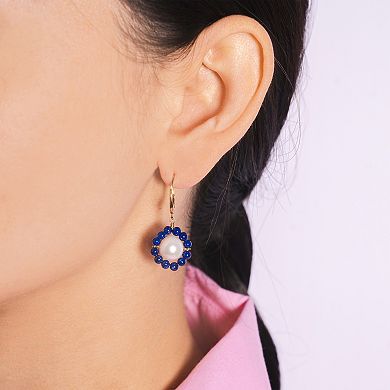Jewelmak 14k Gold Freshwater Cultured Pearl & Lapis Lazuli Flower Leverback Earrings