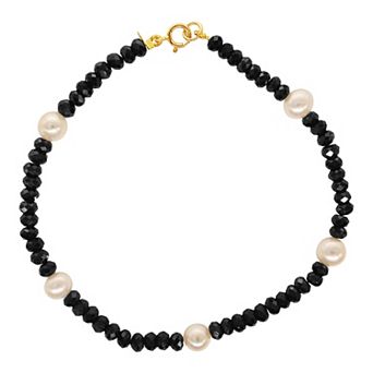 Jewelmak 14k Gold Black Spinel & White Freshwater Cultured Pearl Bracelet
