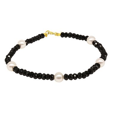 Jewelmak 14k Gold Black Spinel & White Freshwater Cultured Pearl Bracelet