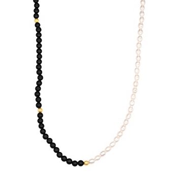 Jewelmak 14k Gold Freshwater Cultured Pearl & Black Onyx Necklace