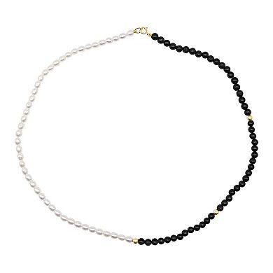 Jewelmak 14k Gold Freshwater Cultured Pearl & Black Onyx Necklace