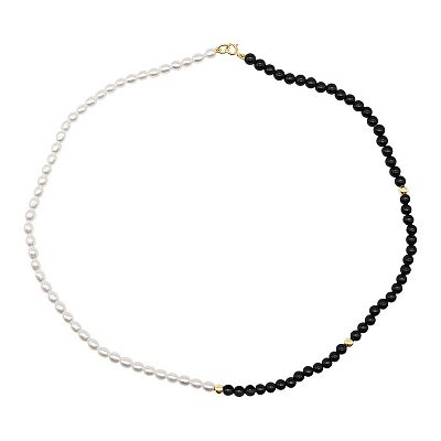 Jewelmak 14k Gold Freshwater Cultured Pearl Black Onyx Necklace