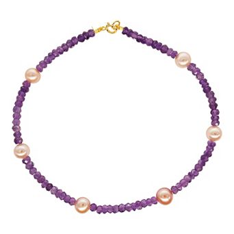 Jewelmak 14k Gold Amethyst & Pink Freshwater Cultured Pearl Anklet