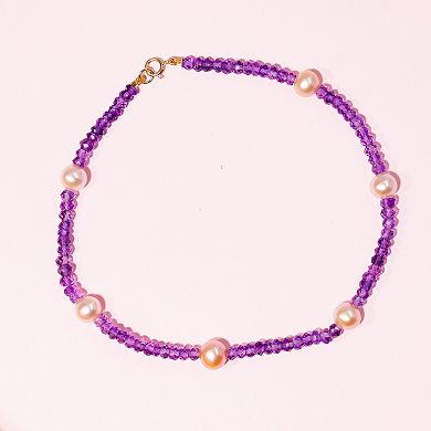 Jewelmak 14k Gold Amethyst & Natural Pink Freshwater Cultured Pearl Anklet