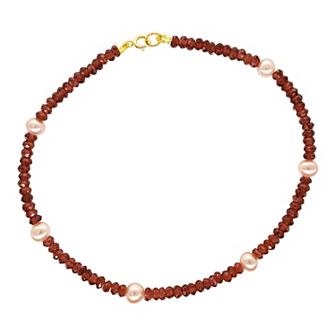 Jewelmak 14k Gold Garnet & Pink Freshwater Cultured Pearl Anklet