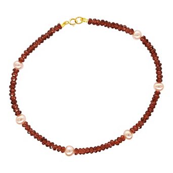 Jewelmak 14k Gold Garnet & Pink Freshwater Cultured Pearl Anklet