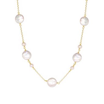 Jewelmak 14k Gold Freshwater Cultured Pearl Coin Station Necklace