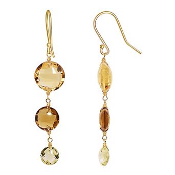 Jewelmak 14k Gold Citrine, Whiskey Quartz & Lemon Quartz Triple Coin Drop Earrings