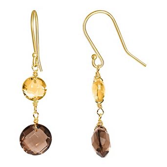 Jewelmak 14k Gold Citrine & Smoky Quartz Coin Drop Earrings