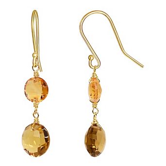 Jewelmak 14k Gold Whiskey Quartz Double Coin Drop Earrings
