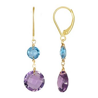 Jewelmak 14k Gold Swiss Blue Topaz & Amethyst Coin Dangle Leverback Earrings