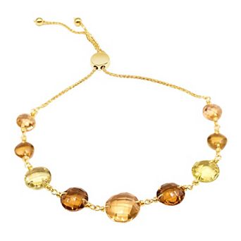 Jewelmak 14k Gold Citrine, Whiskey Quartz, & Lemon Quartz Graduated Coin Adjustable Bracelet