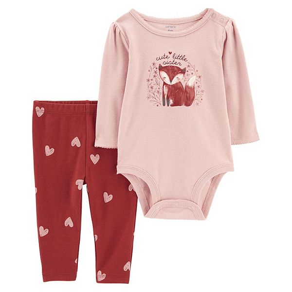 Baby Girls Carter s 2 Piece Little Sister Fox Bodysuit Pants Set