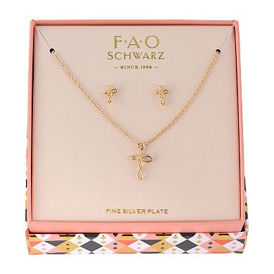 FAO Schwarz Gold Tone Open Cross Pendant Necklace & Earring Set