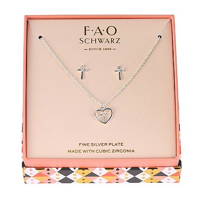 FAO Schwarz Silver Tone Heart & Cross Necklace & Earring Set