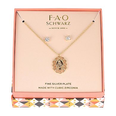 FAO Schwarz Gold Tone Mary Pendant Necklace & Earring Set