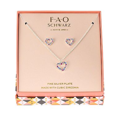 FAO Schwarz Multicolor Cubic Zirconia Heart Pendant Necklace & Stud Earring Set