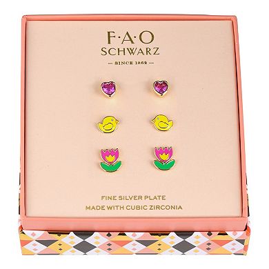 FAO Schwarz Enamel & Cubic Zirconia Stone Chick & Flower Trio Stud Earring Set