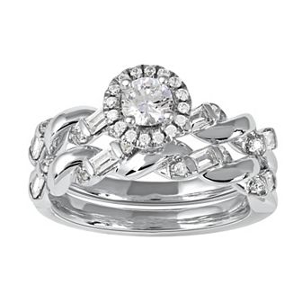 DeCouer Sterling Silver 1/3 Carat T.W. Diamond Halo Engagement Ring Set