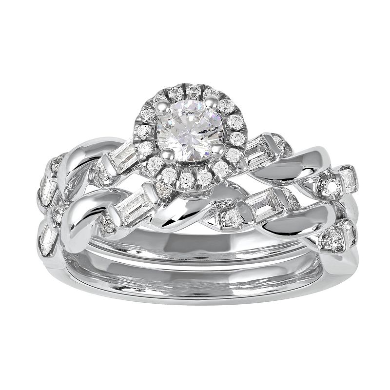DeCouer Sterling Silver 1/3 Carat T.W. Diamond Halo Engagement Ring Set, Wo
