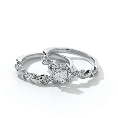 DeCouer Sterling Silver 1/3 Carat T.W. Diamond Halo Engagement Ring Set