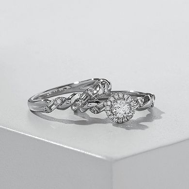 DeCouer Sterling Silver 1/3 Carat T.W. Diamond Halo Engagement Ring Set