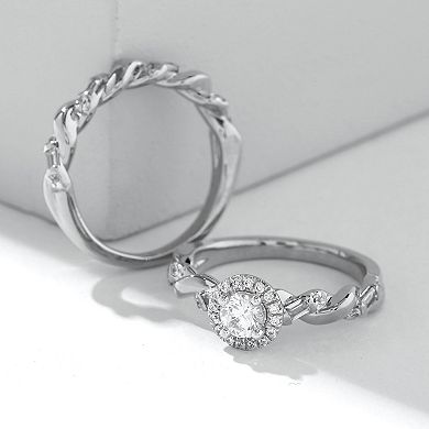 DeCouer Sterling Silver 1/3 Carat T.W. Diamond Halo Engagement Ring Set