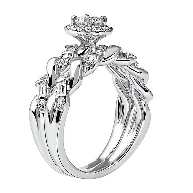 DeCouer Sterling Silver 1/3 Carat T.W. Diamond Halo Engagement Ring Set