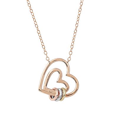 DeCouer Tri-Tone 1/4 Carat T.W. Diamond Double Heart Necklace