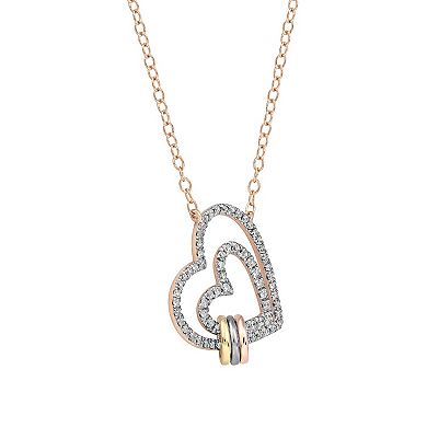 DeCouer Tri-Tone 1/4 Carat T.W. Diamond Double Heart Necklace