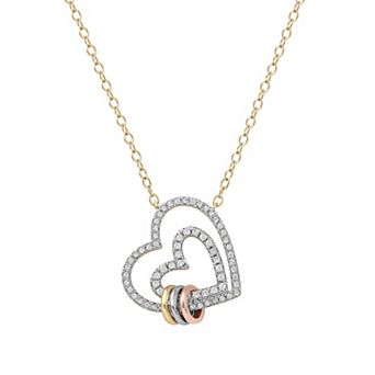 DeCouer Tri-Tone 1/4 Carat T.W. Diamond Double Heart Necklace