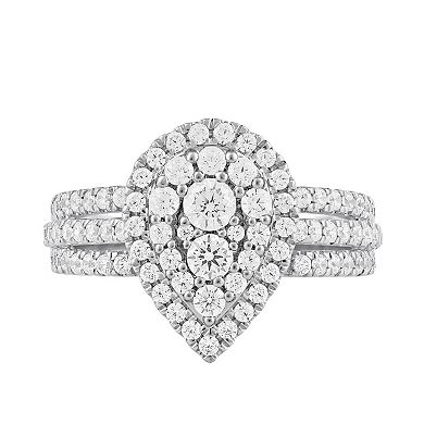 DeCouer 10k White Gold 1 Carat T.W. Composite Diamond Pear-Shaped Multi-Row Engagement Ring