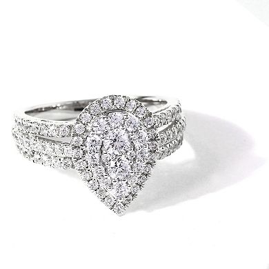 DeCouer 10k White Gold 1 Carat T.W. Composite Diamond Pear-Shaped Multi-Row Engagement Ring