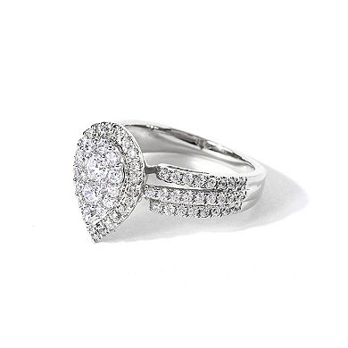 DeCouer 10k White Gold 1 Carat T.W. Composite Diamond Pear-Shaped Multi-Row Engagement Ring