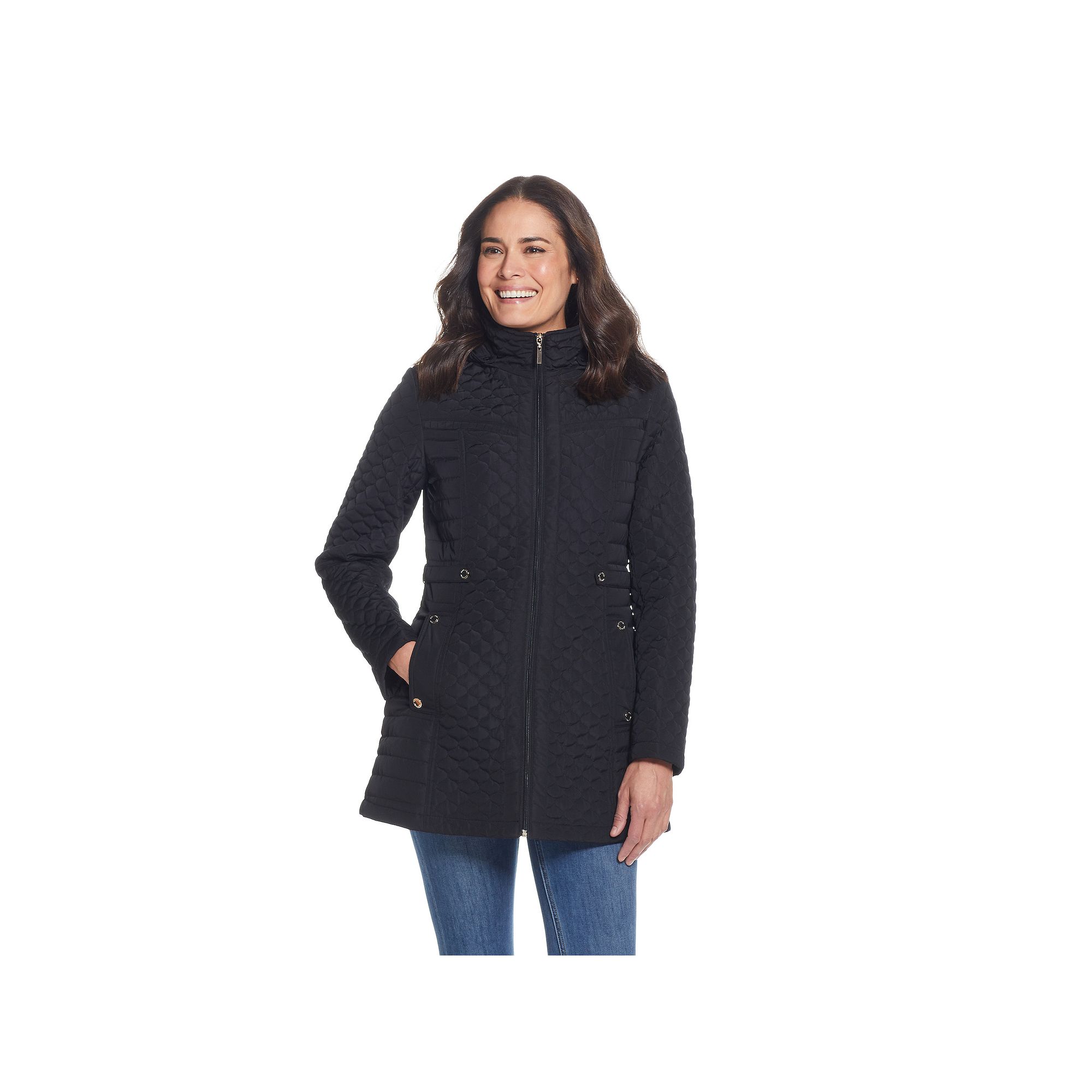 Womens Gallery Hooded Quilted Coat, Size: Small, Black