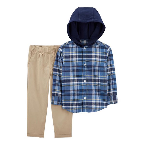 Toddler Boy Carter's Plaid Hooded ButtonFront Shirt & Pants Set