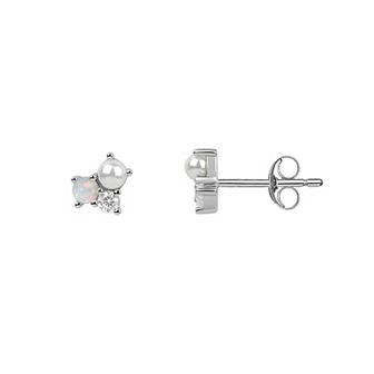 PRIMROSE Sterling Silver Cubic Zirconia, White Opal & Pearl Stud Earrings