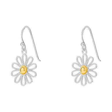 PRIMROSE Two Tone Sterling Silver Textured Flower Drop Earrings