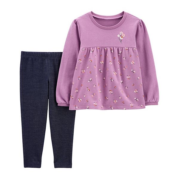 Baby Girl Carter's French Terry Floral Top & Knit Denim Pants Set