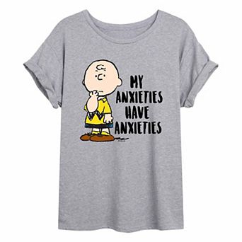 Juniors' Peanuts Charlie Brown Anxieties Oversized Tee