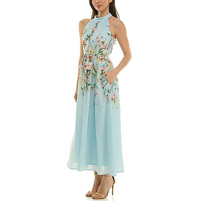 low cut halter off shoulder long flared sleeve midi dress Floral Embellished Crossover Halter Gown In Black