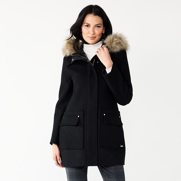 Women s Nine West Faux Fur Hood Quilted Duffle Coat