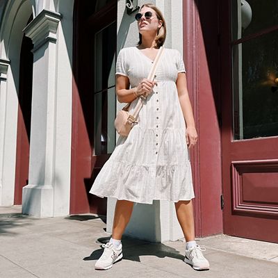 knee length dresses for ladies Threadbare Women's Stone Stripe Linen Blend Tiered Button Down Midi Dress  with Flutter Straps main image 1
