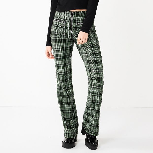 Dark Green Checkered Crochet Flare Pants