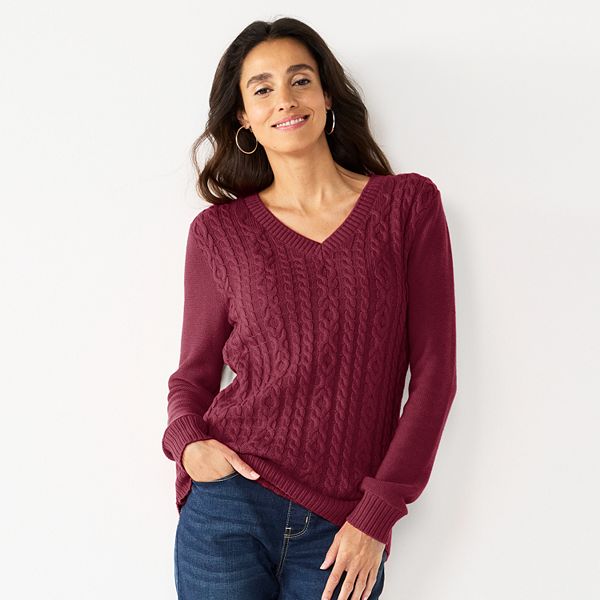 Women's Croft & Barrow® Classic V-Neck Cable Sweater - Plum (LARGE)