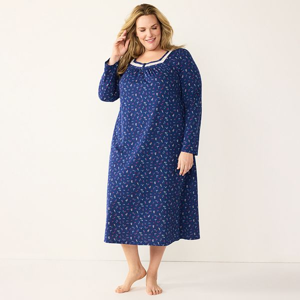 Women Long Nightgown Knit Cotton Blend Navy Polka Dot Croft & Barrow Size Choice 
