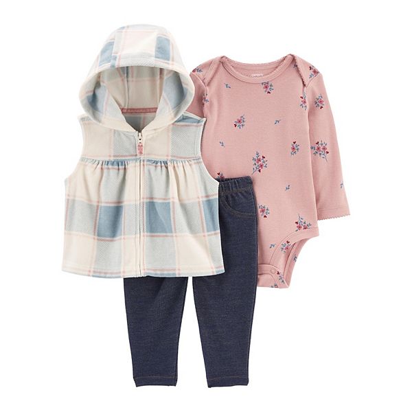 Baby Girl Carter's Plaid Hooded Vest, Floral Bodysuit, & Pants Set
