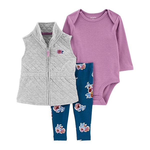 Baby Carter's DoubleKnit Quilted Vest, Bodysuit, & Floral Pants Set