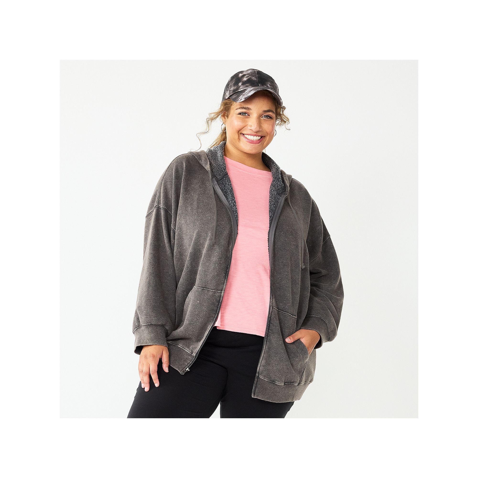 Juniors Plus Size SO® Oversized Zip-Up Hoodie, Girls, Size: 1XL, Black W